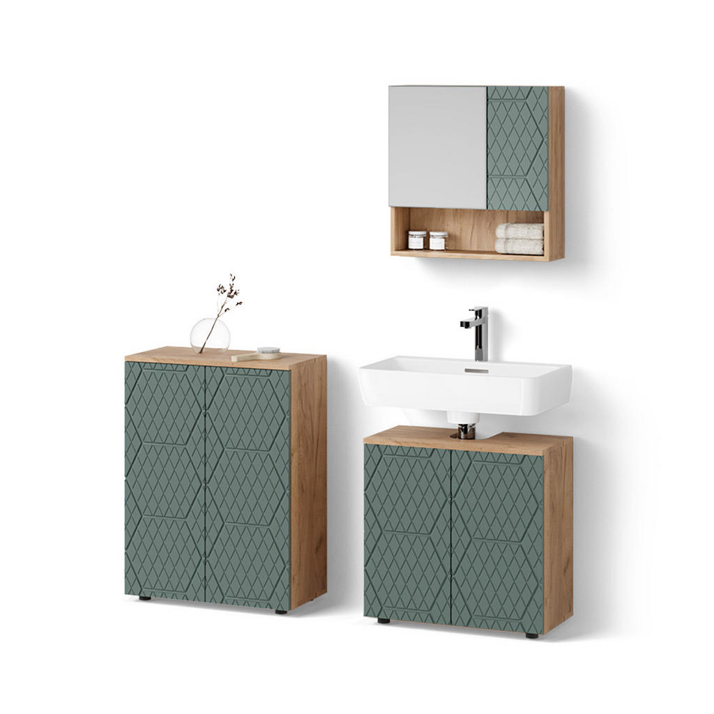 Livinity® SADA NÁBYTKU DO KOUPELNY Ronco, Zelená/Zlatý mocný dub, 3dílná