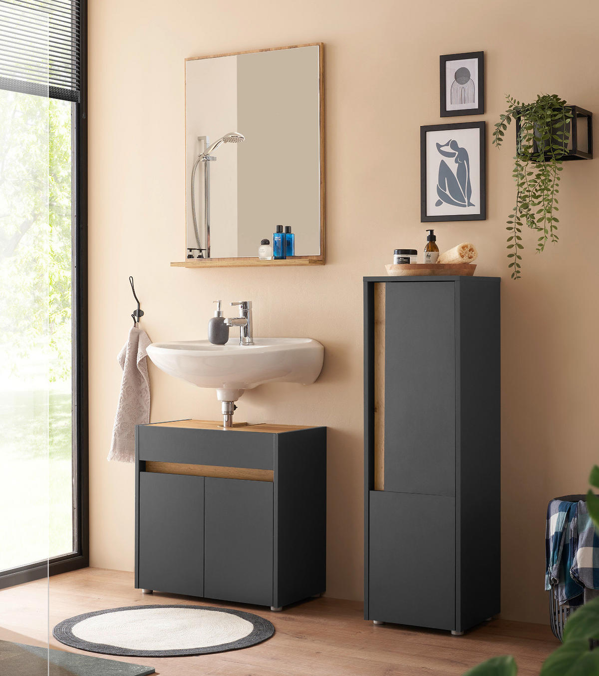 BADMÖBEL-SET 3-teilig grau matt, Wotan Eiche, Badkombination 114 cm - Eiche Wotan/Schwarz, Glas/Holzwerkstoff (116/200/34cm) - Furn.Design