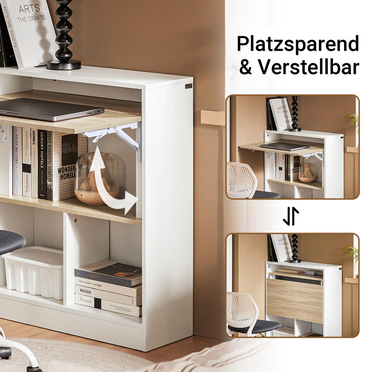 SCHREIBTISCH klappbar mit Regal Weiß-Natur 70x57x85 cm - Weiß, Holz/Holzwerkstoff (54/70/85cm) - SoBuy