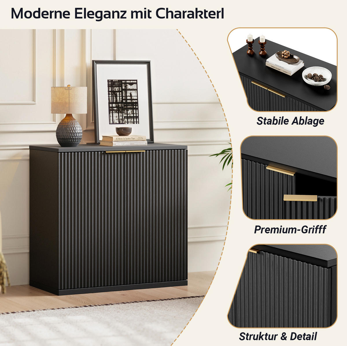 SIDEBOARD aus MDF 80x40x80 cm Schwarz mit 2 Türen und Faltenfront - Schwarz, Holzwerkstoff (80/80/40cm) - Modfu