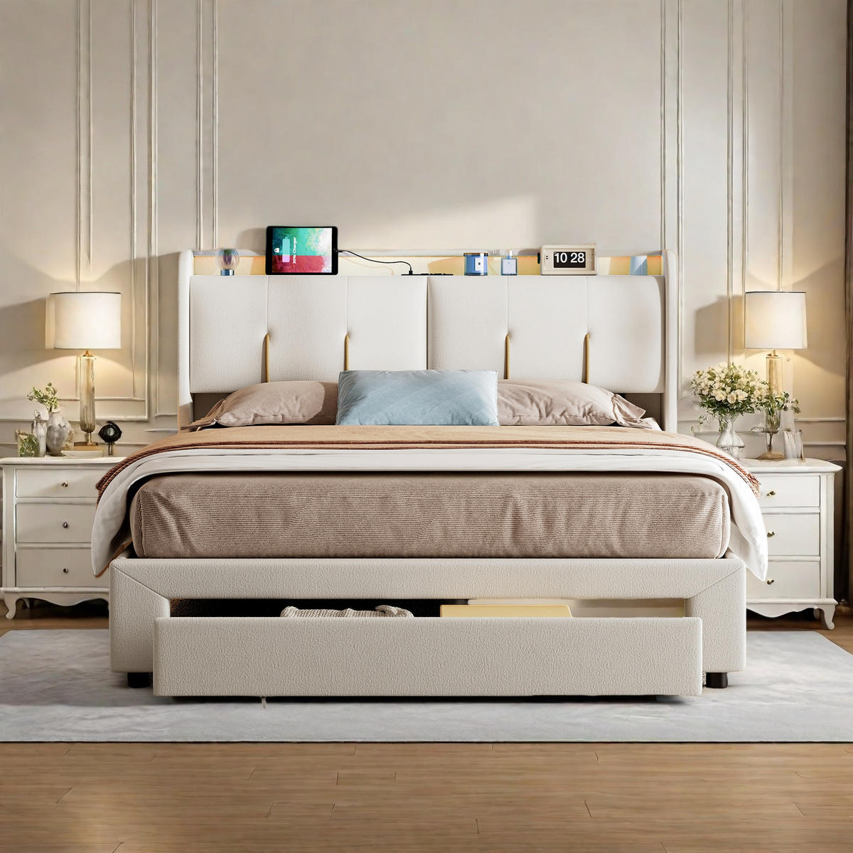 ČALÚNENÁ posteľ 140x200 cm béžová zamatová LED USB Type-C - béžová, kov (140/200cm) - SHOPENTRA