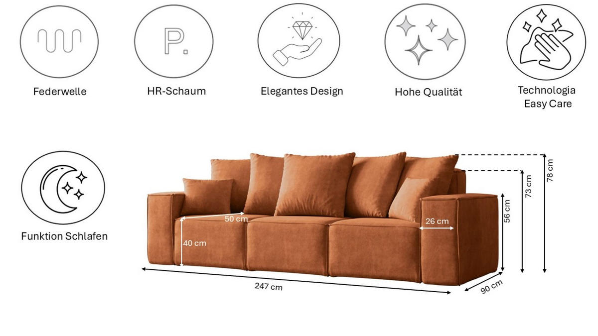 SOFA Sitzer ELLA Modern Mit Schlaffunktion Stoff Noel Orange - Orange, Holz/Textil (247/78/90cm) - Kaiser Möbel