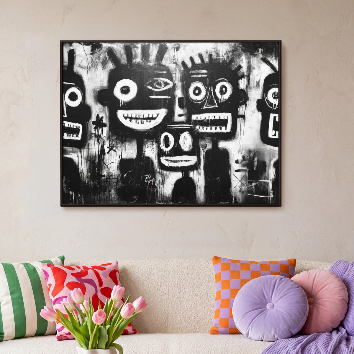LEINWAND Bilder mit Rahmen - Malerei - Figuren - Schwarz - Abstrakt - 100x70 - Schwarz, Textil (100/70cm) - MuchoWow
