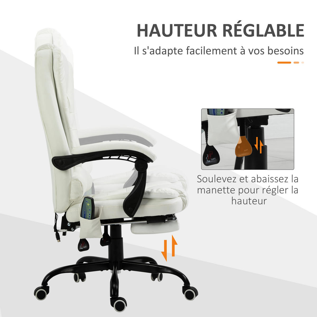 CHEFSESSEL DE-11646 ergonomisch mit Massagefunktion & Fußstütze Weiß - Weiß, Metall (79/121/67cm) - ComfortXL