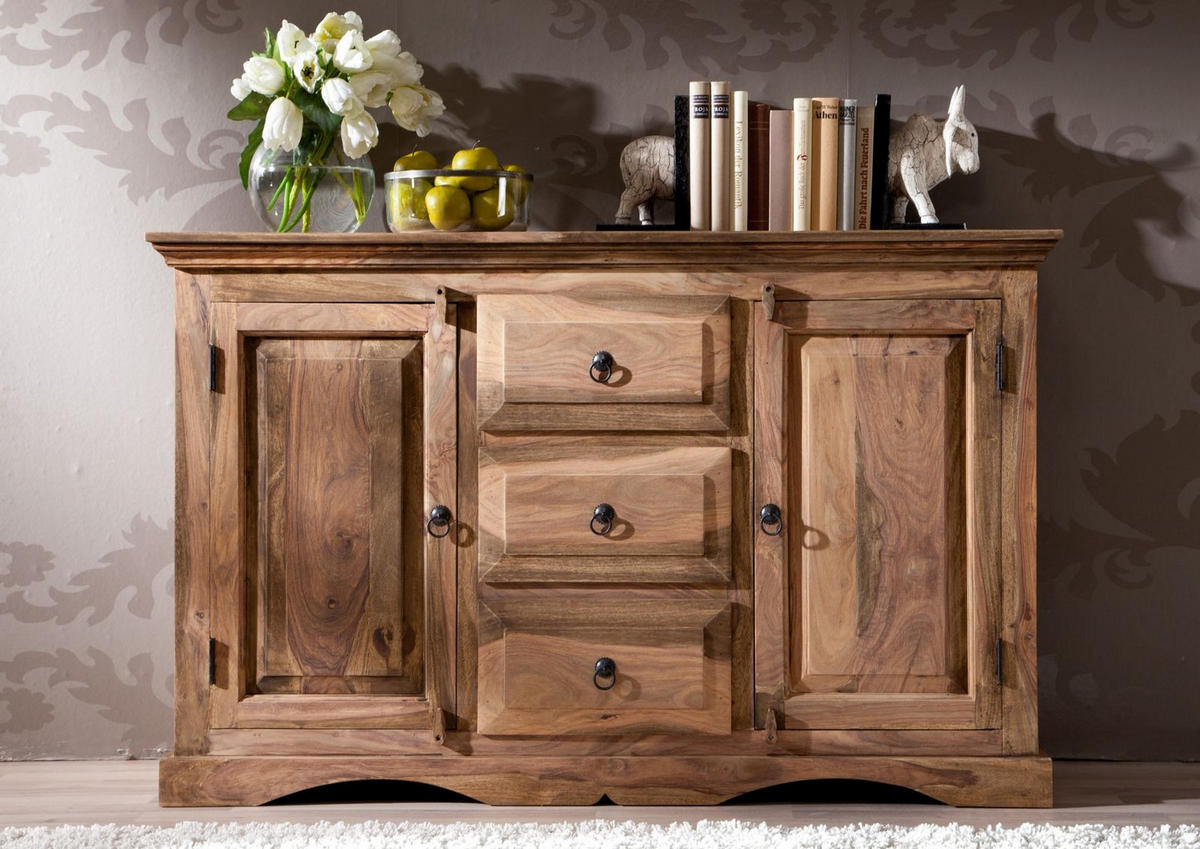 SIDEBOARD Sheesham 135x40x85 grau geölt LEEDS #42 - Grau, Holz (135/85/40cm) - Massivmoebel24