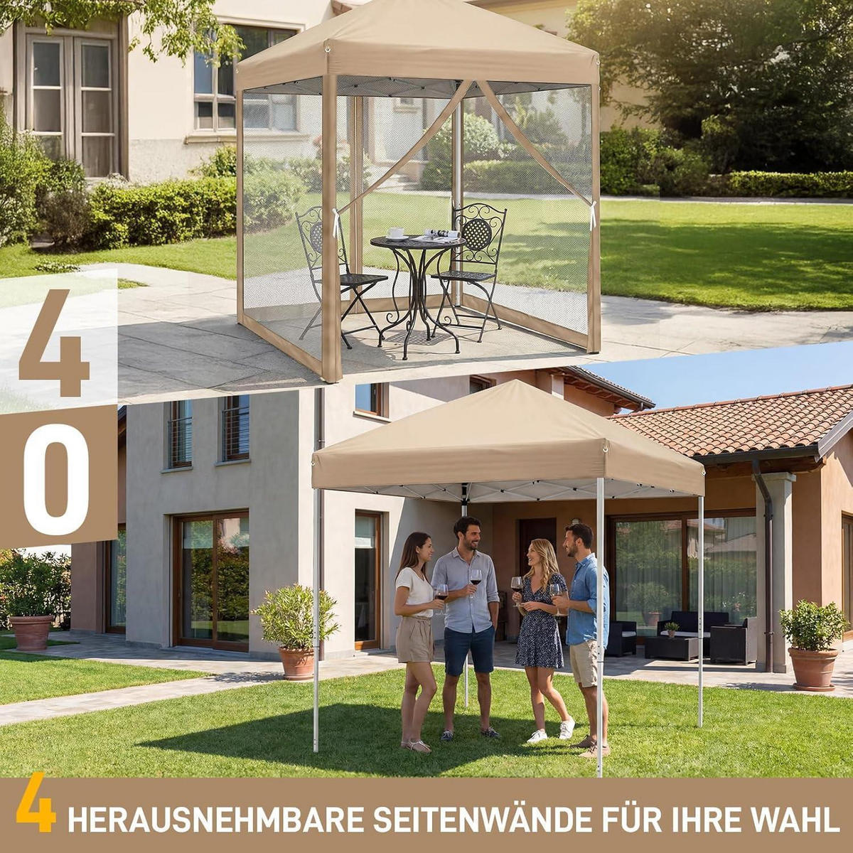FALTPAVILLON 2x2 m mit Moskitonetzen Khaki - Olivgrün, Textil (200/245/200cm)