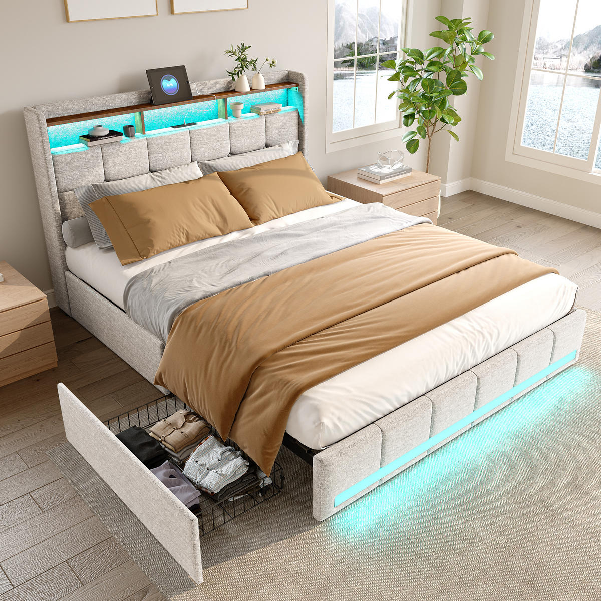 POLSTERBETT 180x200 cm Beige Stoff LED USB Typ-C 4 Schubladen - Beige, Holz (180/200cm) - SHOPENTRA