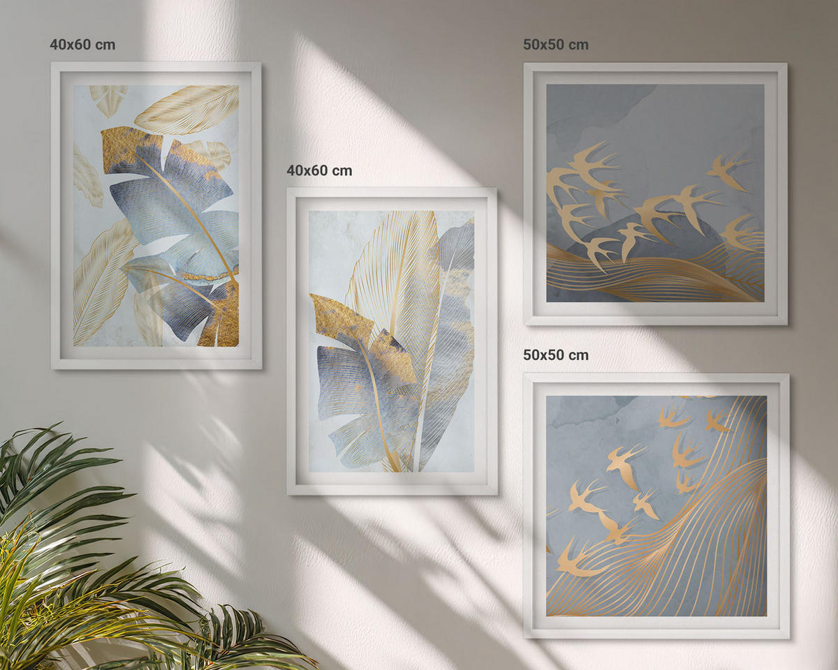 BILDER SET 4er Set - 50x50 cm & 40x60 cm Weißer Rahmen - Blaubeige Blätter im Hintergrund - Weiß, Kunststoff (50/50cm) - TULUP