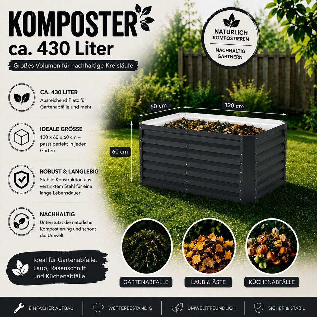 KOMPOSTER Garten, Anthrazit, 120 x 60 cm - Anthrazit, Metall (120/60/60cm) - Vicco