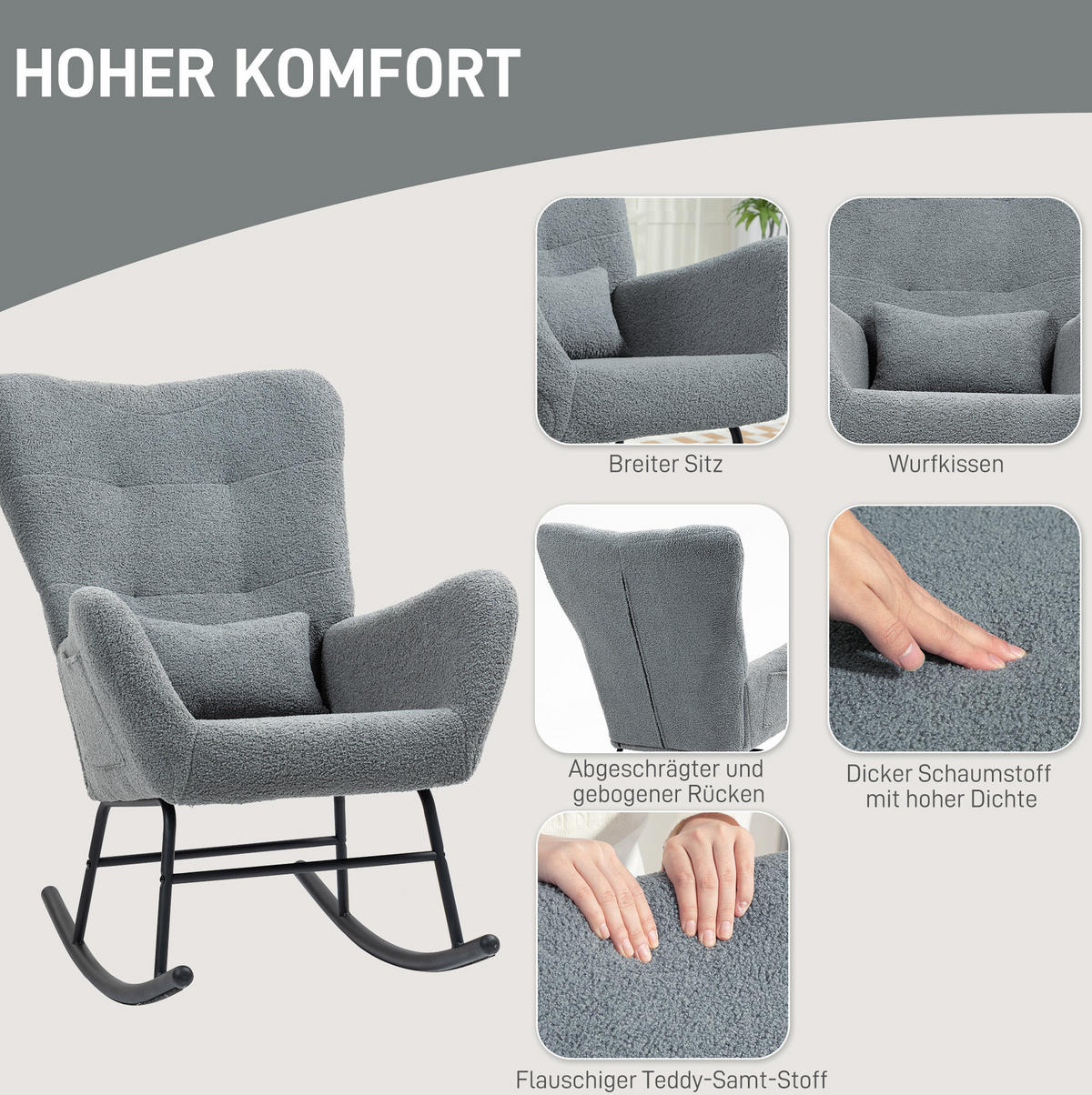 SCHAUKELSTUHL 95/67/100 cm grau aus Lammfell-Optik mit Seitentasche - Grau, Textil (67/100/95cm) - OKWISH
