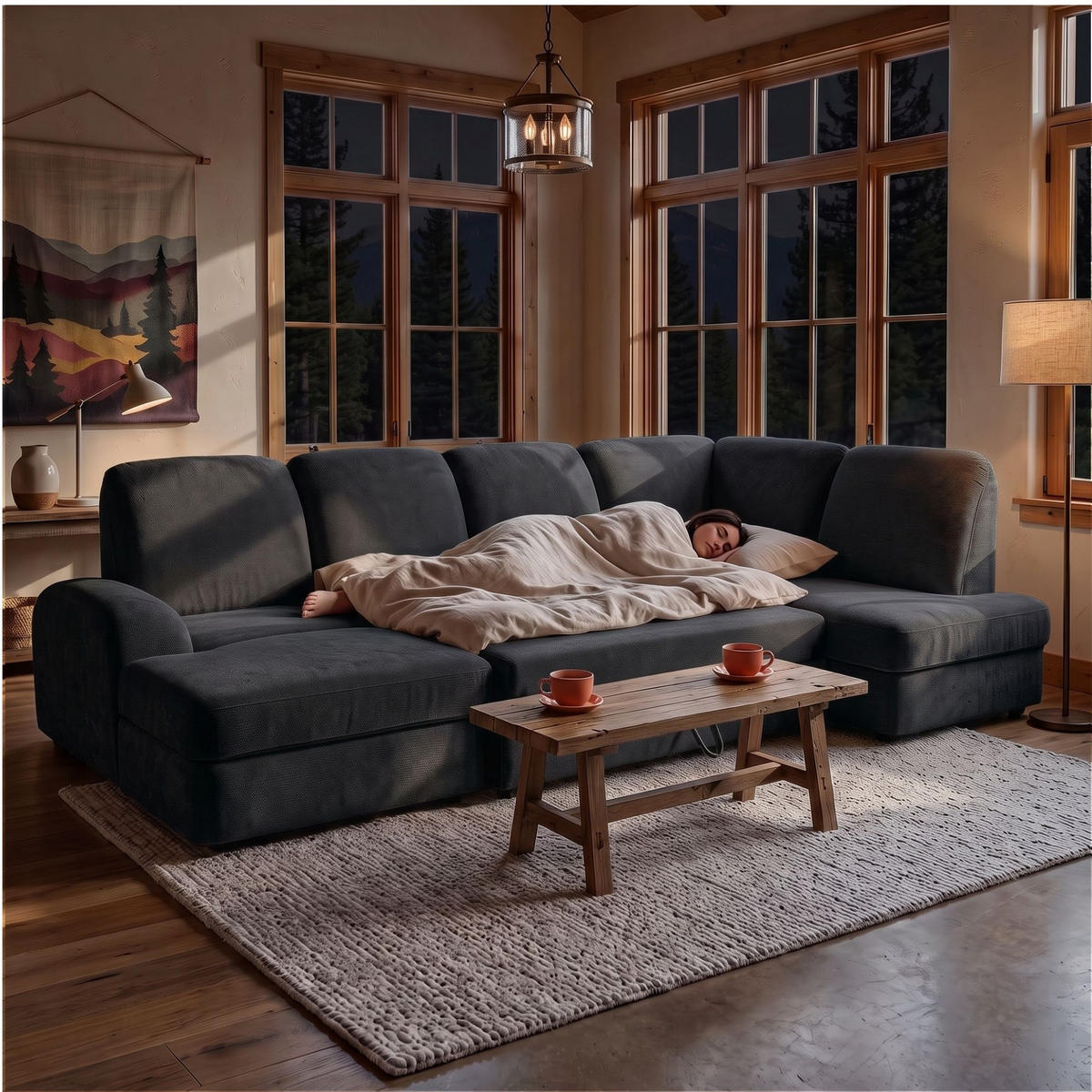 ECKSOFA VIBE U Rechts mit Schlaffunktion 129x263 Chenille Anthrazit - Anthrazit/Schwarz, Holz/Kunststoff (186/102/280cm) - Muffo