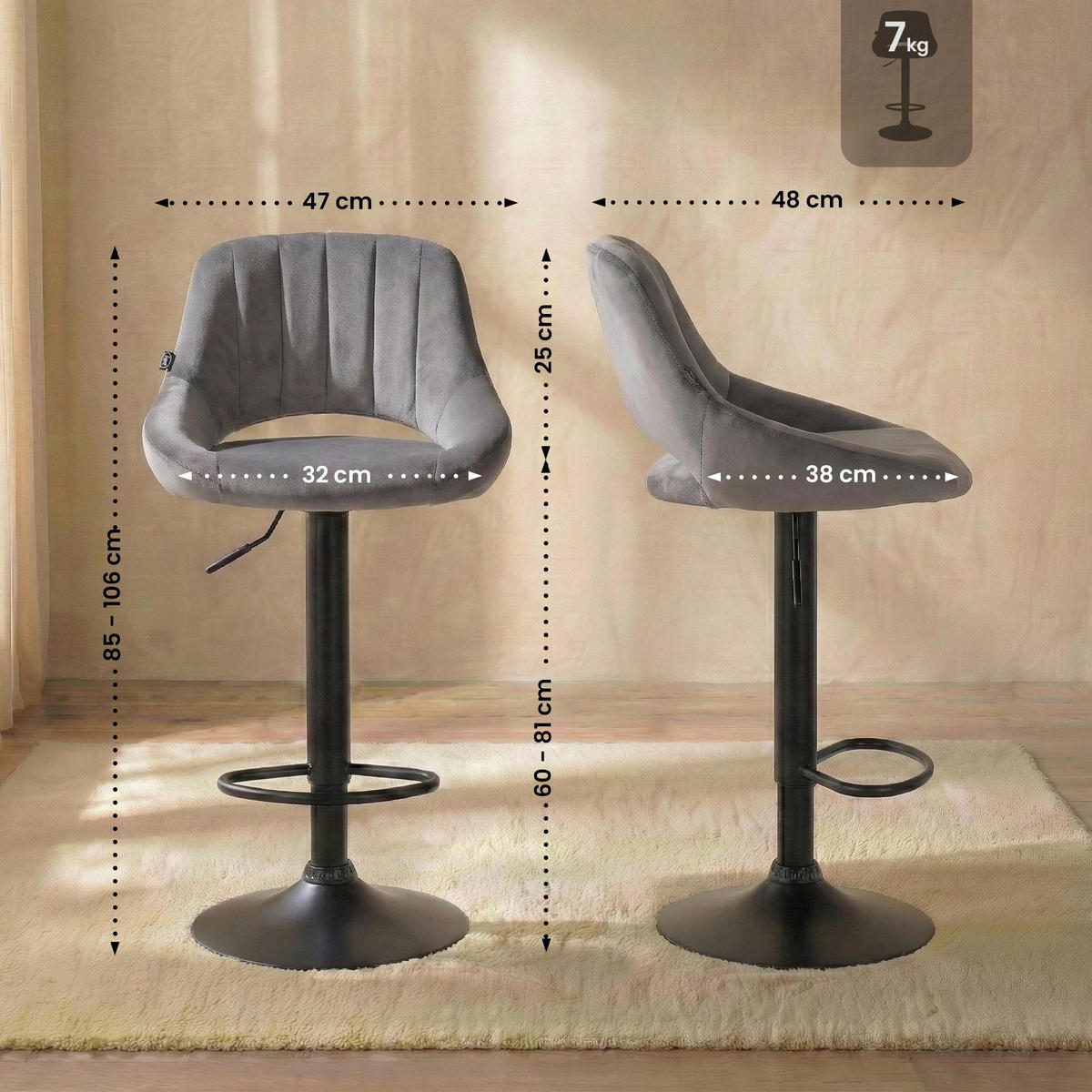 BARHOCKER Samt Dunkelgrau - Dunkelgrau/Schwarz, Textil/Metall (47/85/48cm) - CLP