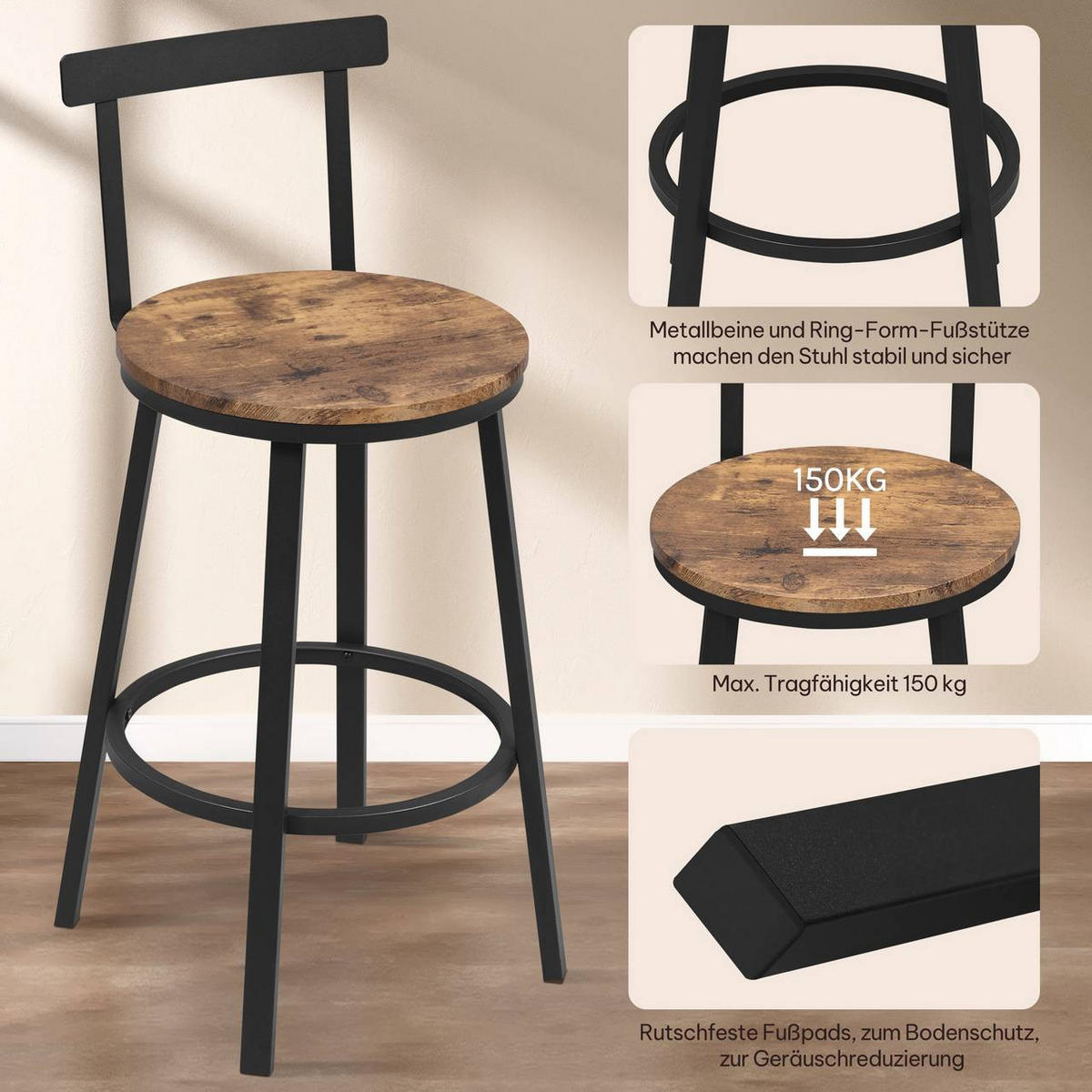 BARHOCKER 4er Set mit Lehne, Vintagebraun - Dunkelbraun/Schwarz, Holzwerkstoff/Metall (51.5/89/51.5cm) - Woltu