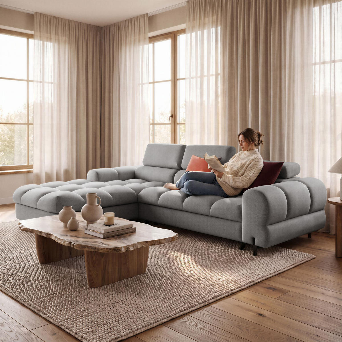 ECKSOFA UFFO L Links mit Schlaffunktion 260x195 Velours Hellgrau - Hellgrau/Schwarz, Holz/Textil (260/195cm) - Muffo