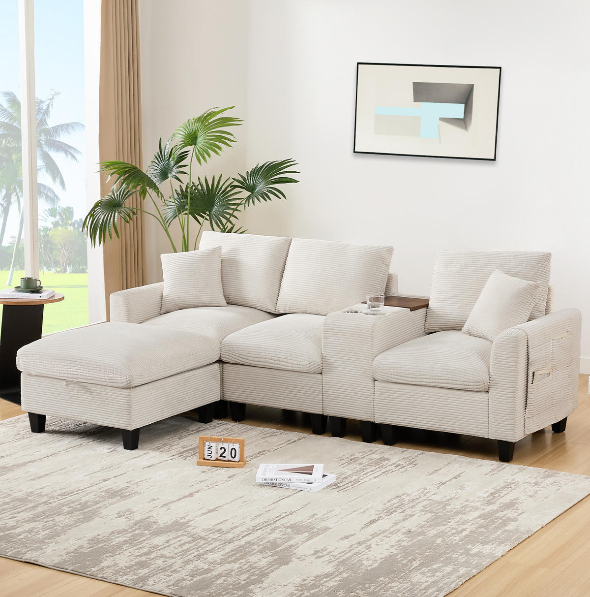 WOHNLANDSCHAFT aus Cordstoff 229x149,5x83 cm Beige mit USB-Anschlüssen, Becherhaltern, Konsole und Stauraumhocker - Beige, Textil (149.5/229cm) - Modfu