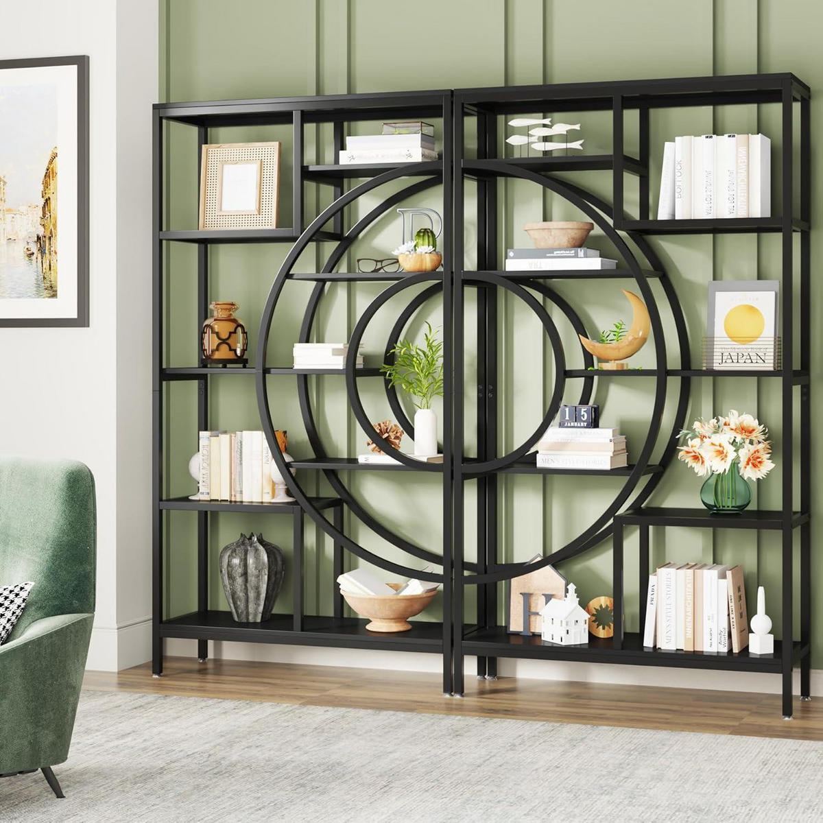 BÜCHERREGAL 179cm geometrisch 8-stöckig Schwarz 2-teiliges Set - Schwarz, Metall (100/179/30cm)