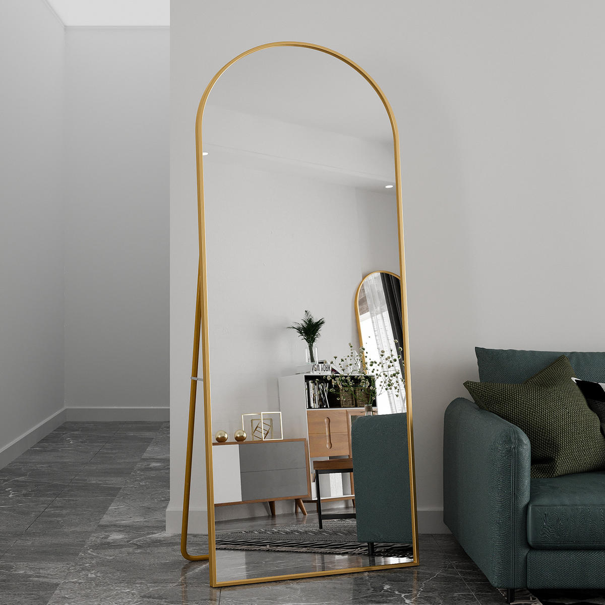 STANDSPIEGEL 180/80 cm, Ganzkörperspiegel in Gold Aluminiumrahmen, bogenförmig, gehärtetes Glas, mit Standfuß, wandmontierbar - Goldfarben, Glas/Metall (80/180/3cm) - BPKADHY