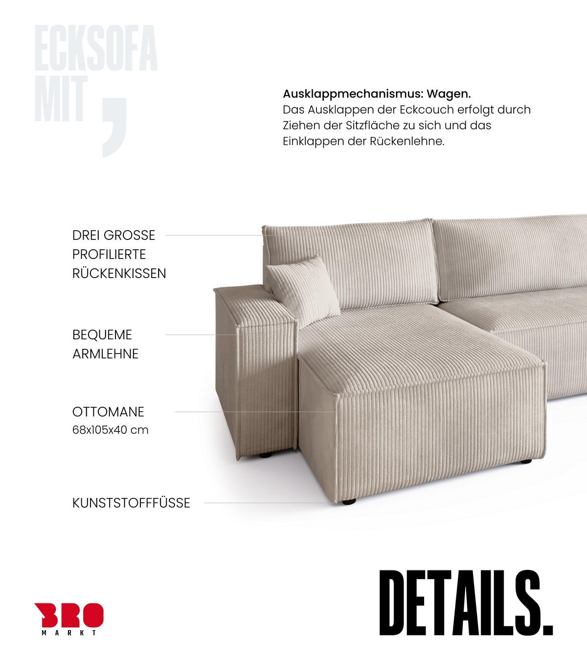 WOHNLANDSCHAFT ADI U mit Schlaffunktion Cordstoff Creme - Creme, Textil (312/85/143cm) - Bromarkt