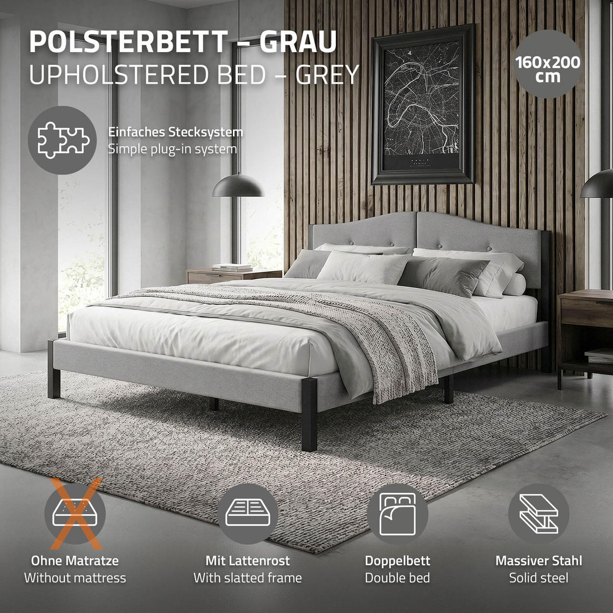 ČALOUNĚNÁ POSTEL 160x200 cm šedá s roštem a lněnou látkou - šedá, kompozitní dřevo/textil (160/200cm) - ML-DESIGN