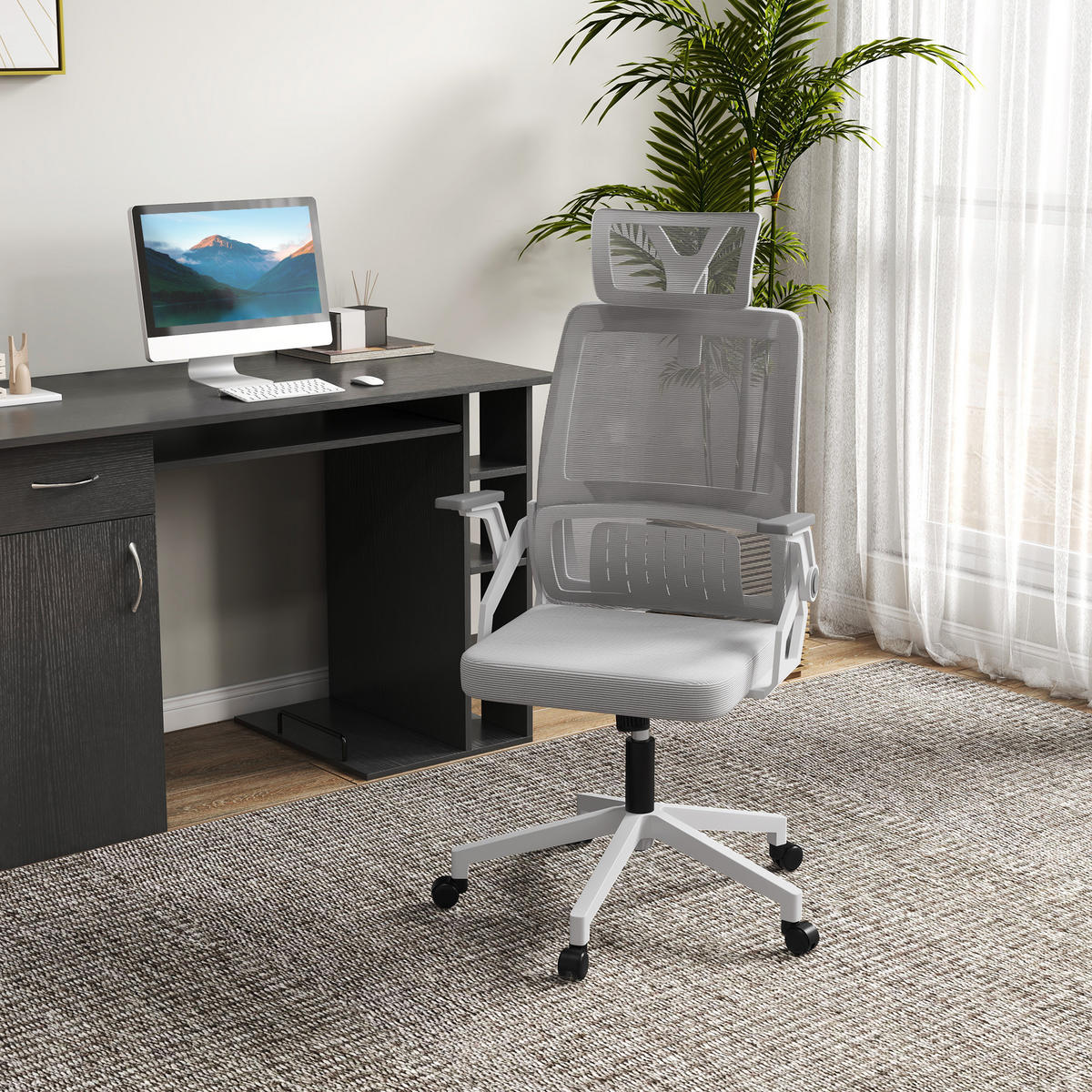 BÜROSTUHL Schreibtischstuhl Office-Stuhl, höhenverstellbar, 1 Kopfstütze, 60 x 61 x 121,5 cm. Schwarz - Grau, Textil (61/121.5/60cm)