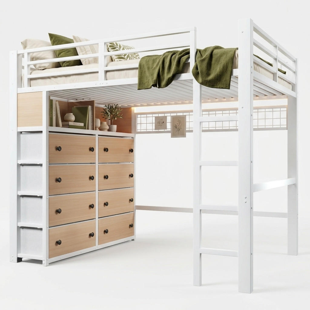 HOCHBETT 140/200 cm in Weiß mit 8 Schubladen, Regalen, Lochwand und LED aus MDF und Metall - Weiß, Holzwerkstoff/Metall - STILVORA