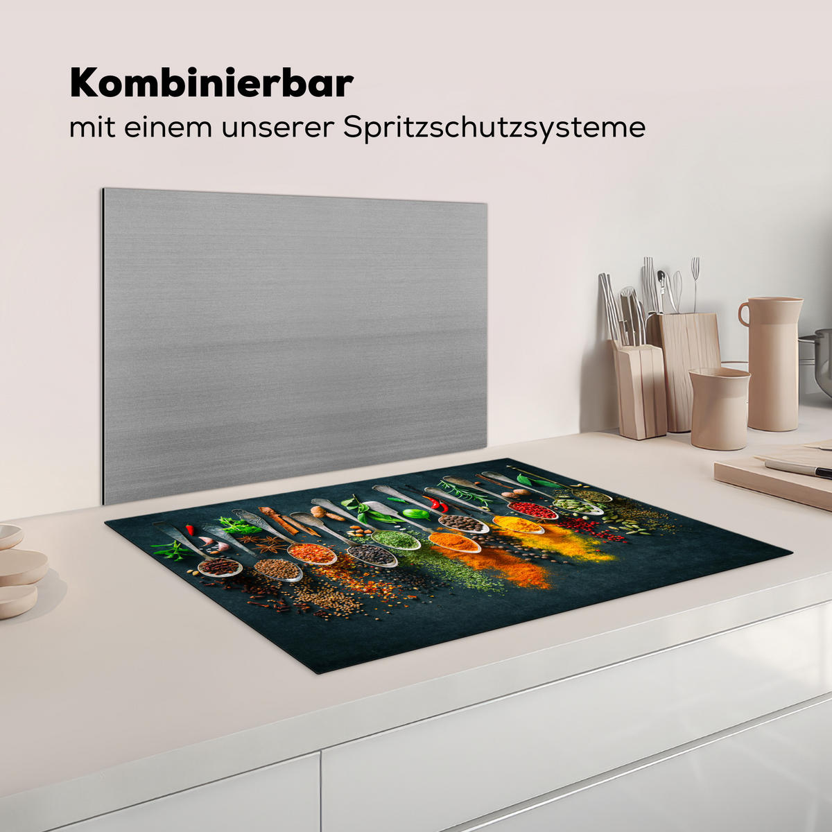 HERDABDECKPLATTE Kräuter - Gewürze - Löffel 75x52 cm - Multicolor, Kunststoff (75/52/0.2cm) - MuchoWow