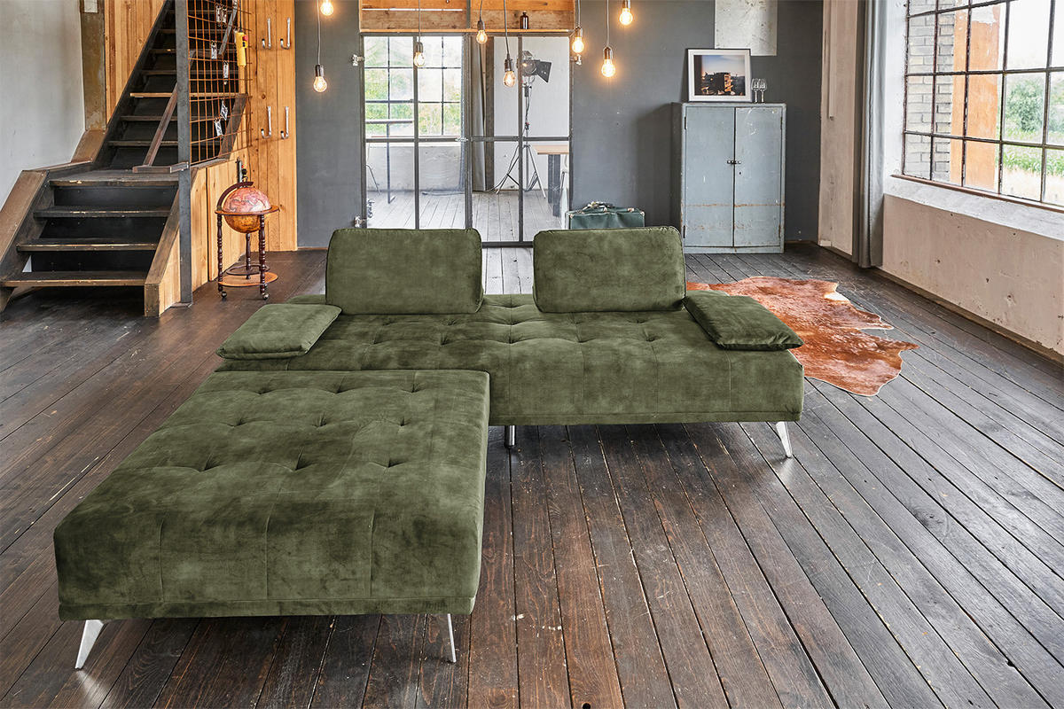 SOFA MIT HOCKER WIOLO Dunkelgrün Velvet - Dunkelgrün/Silberfarben, Textil (240/80/220cm) - KAWOLA