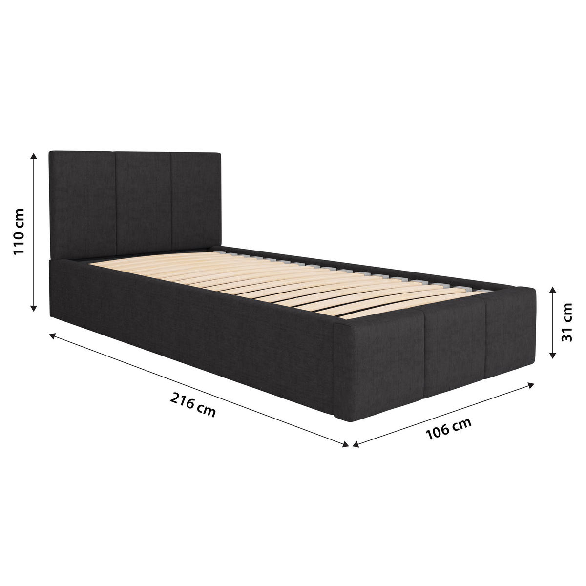 POLSTERBETT für Schlafzimmer Bett mit Stauraum Graphit 90x200cm Kopfteil 110cm - Graphitfarben, Holzwerkstoff/Metall (90/200cm) - Muralo