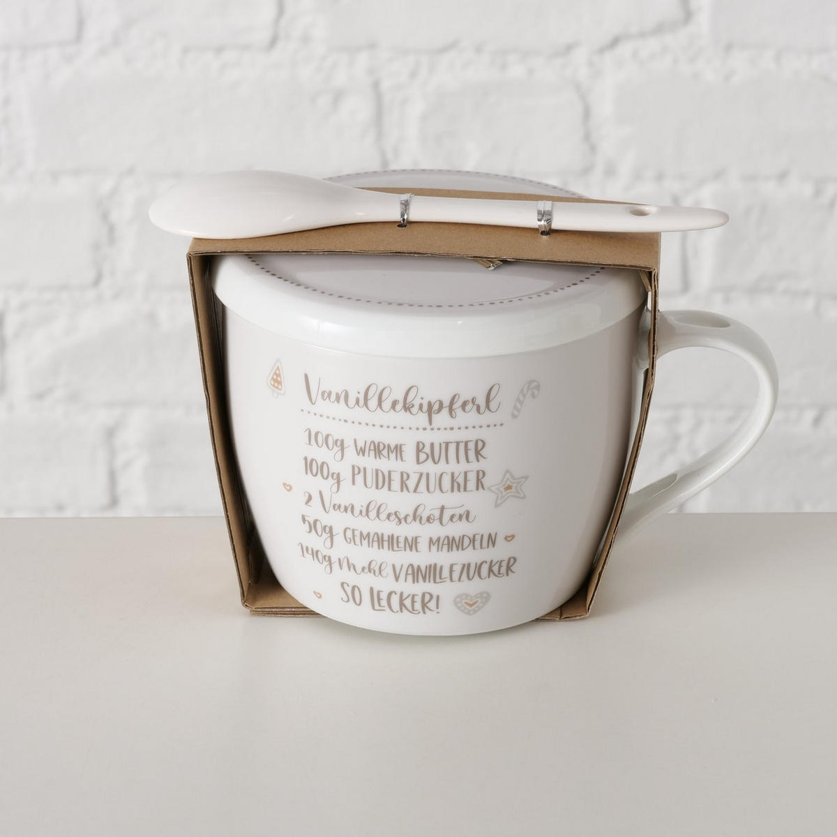 PORZELLANBECHER mit Deckel Bakery Muster 1 600 ml 17/11,5/12,5 cm - Beige, Keramik (0.6L) - Boltze Home