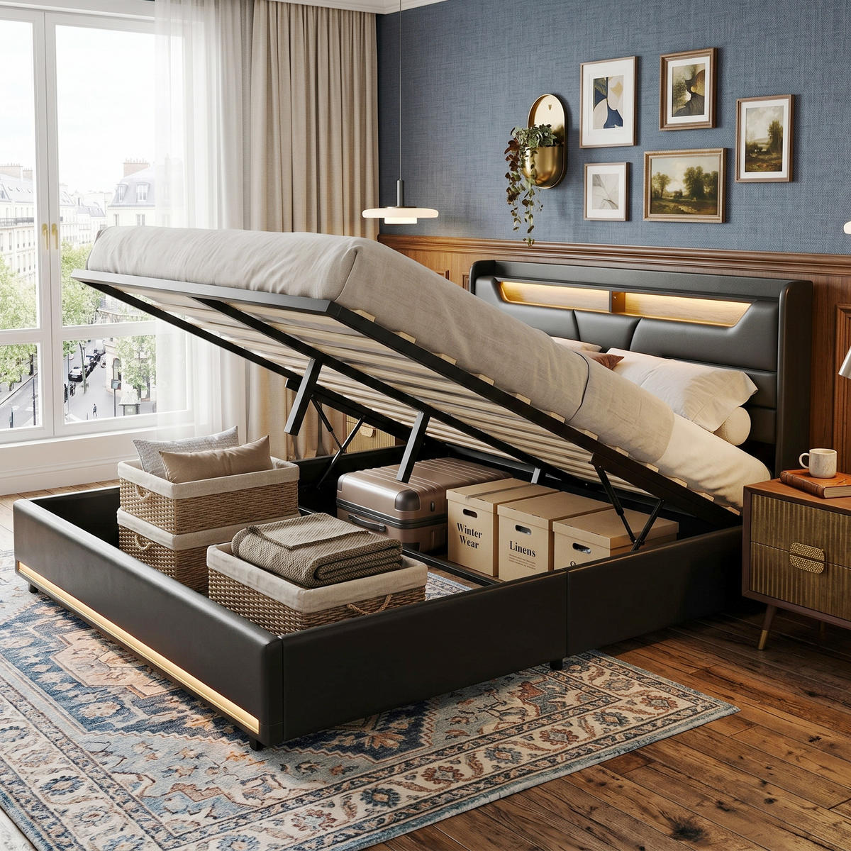 POLSTERBETT Schwebe-Optik 140/200 cm mit Bettkasten Dual-LED Kunstleder Schwarz - Schwarz, Textil (140/200cm) - Creahappy