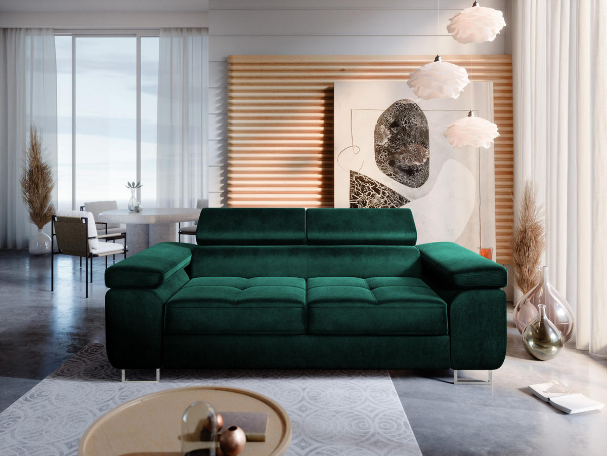 2-SITZER-SOFA WILD mit Verstellbare Kopfstützen Velours Dunkelgrün - Chromfarben/Dunkelgrün, Holz/Textil (209/89/102cm) - Muffo