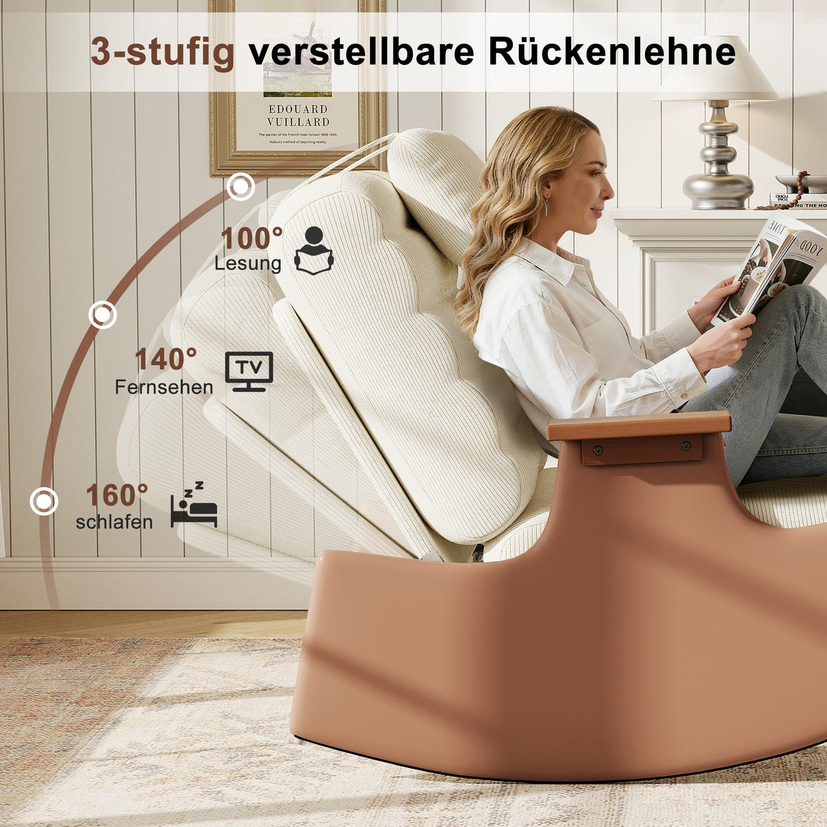 SCHAUKELSESSEL Cord mit Fußhocker & verstellbarer Rückenlehne - Beige, Holz/Textil (81/81/51cm) - PARAFTA HOME