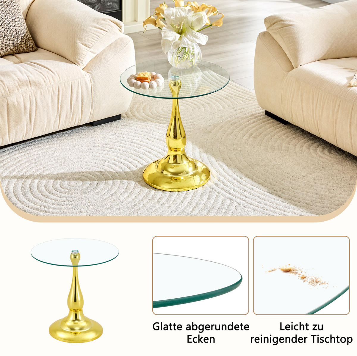 BEISTELLTISCH aus Glas und Metall 50x50x51 cm Gold mit gehärteter Glasplatte - Goldfarben, Glas (50/50/51.5cm) - IVMEU