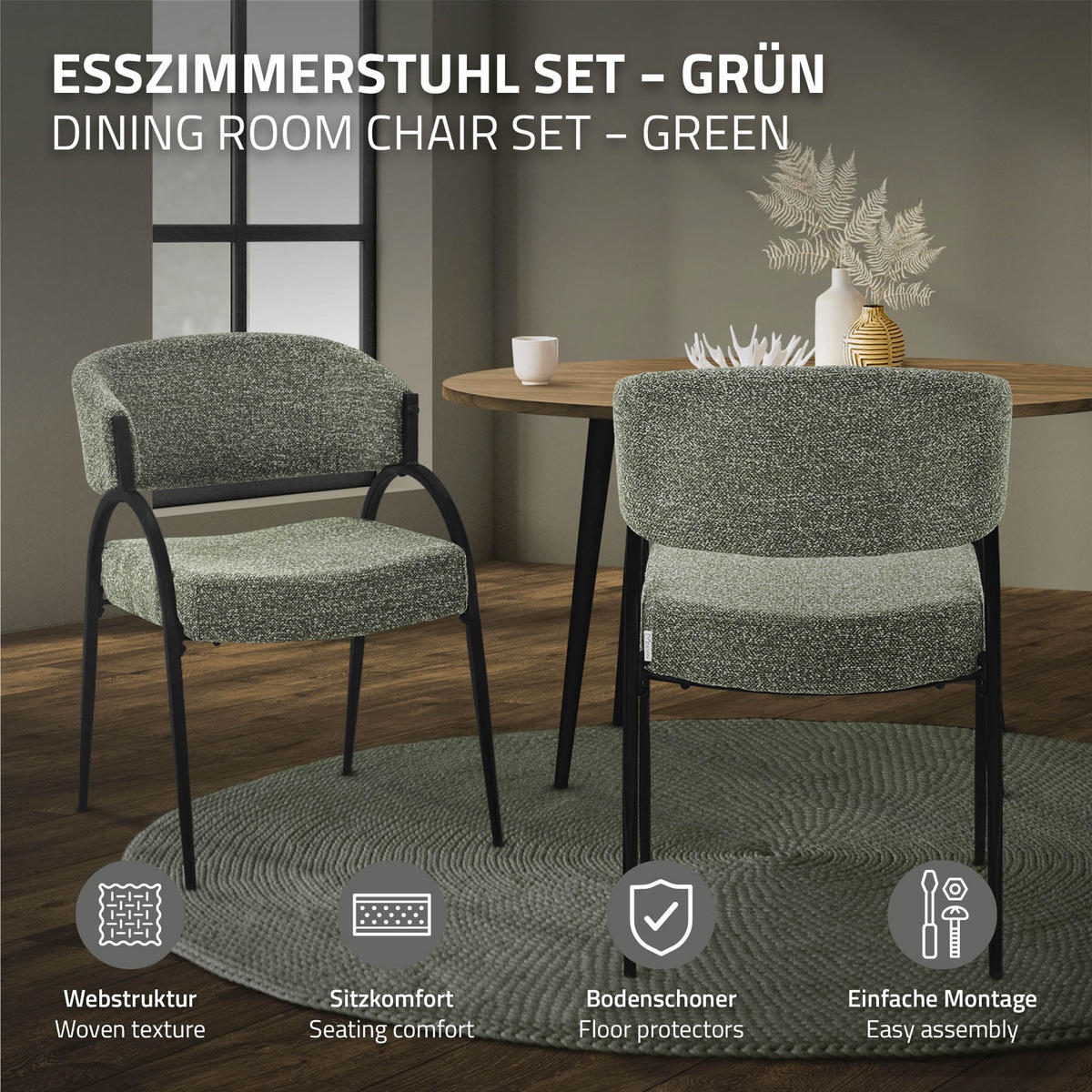 ESSZIMMERSTUHL 2er Set Küchenstühle gepolstert mit Webstoff-Bezug und Arm- und Rückenlehne Grün - Schwarz/Grün, Textil/Metall (54/81/65cm) - ML-DESIGN