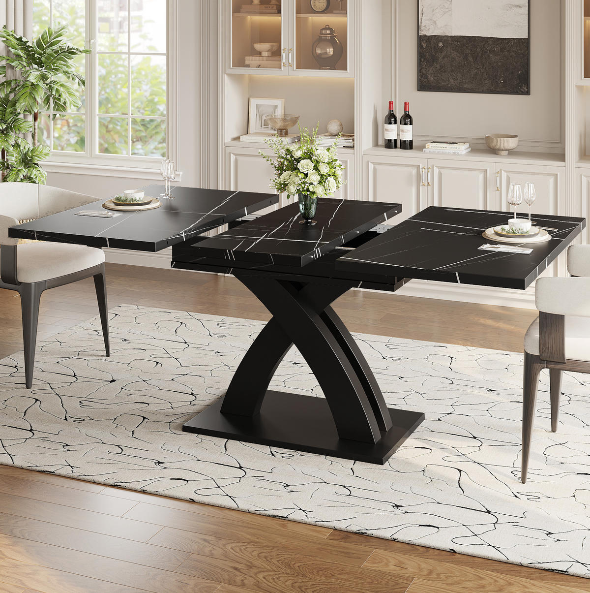 ESSTISCH 120(160)/80/76 cm ausziehbar mit versteckter Einlegeplatte und X-Gestell, Schwarz - Schwarz, Holzwerkstoff (120/80/75cm) - Redom