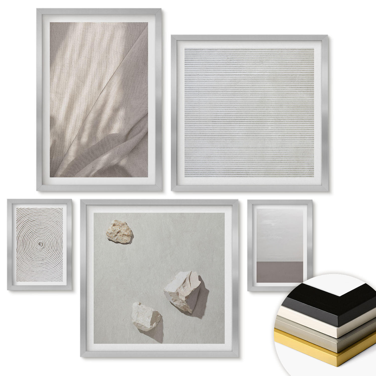 WANDBILDER 5er Set - 50x50 cm & 20x30 cm & 40x60 cm Silberner Rahmen - Zarte Boho-Texturen der Natur - Silberfarben, Kunststoff (40/60cm) - ArtPrintCave