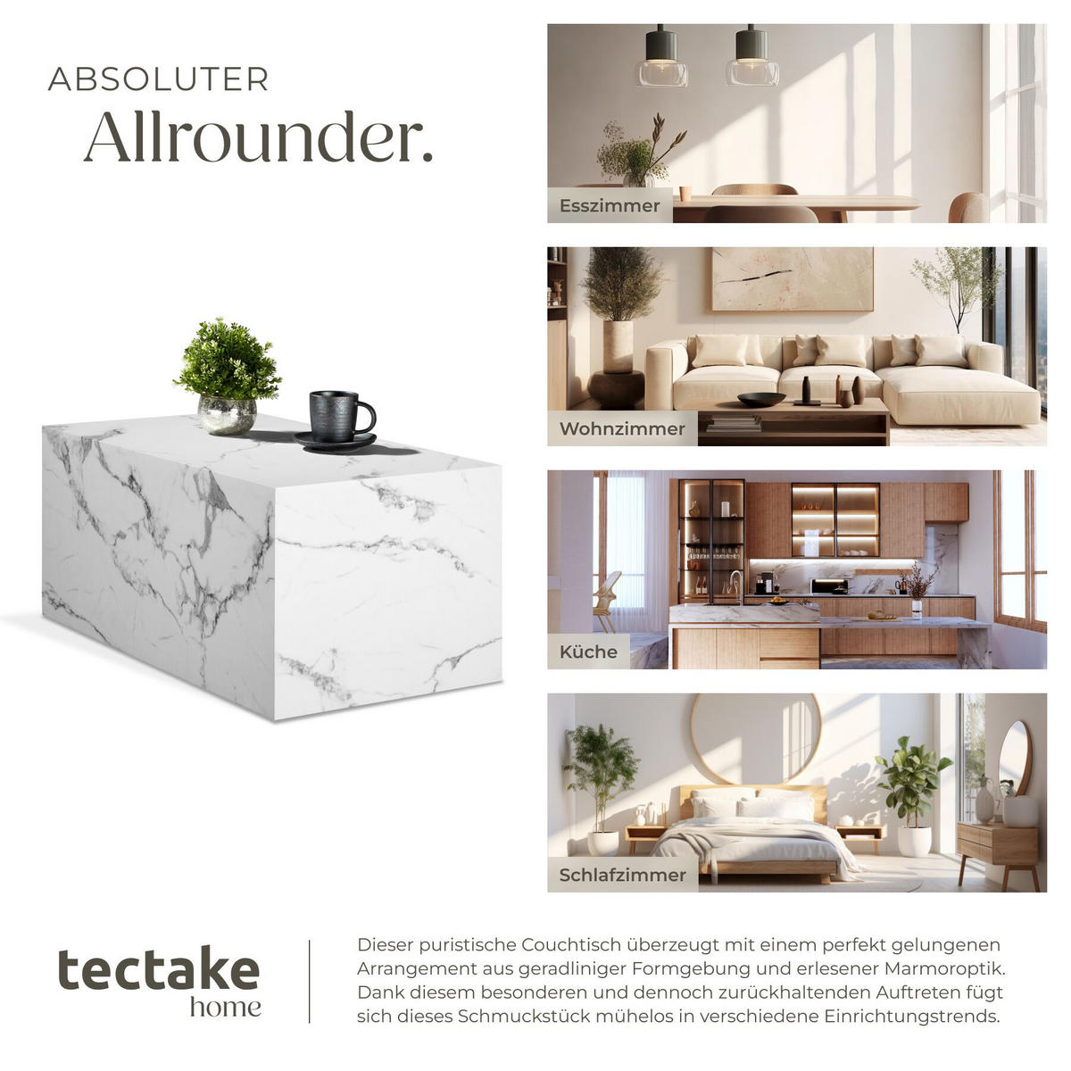 COUCHTISCH Lasley, inkl. Bodenschoner, Belastbarkeit 45 kg, Marmor Optik weiß - Weiß, Holz (50/90/40cm) - tectake