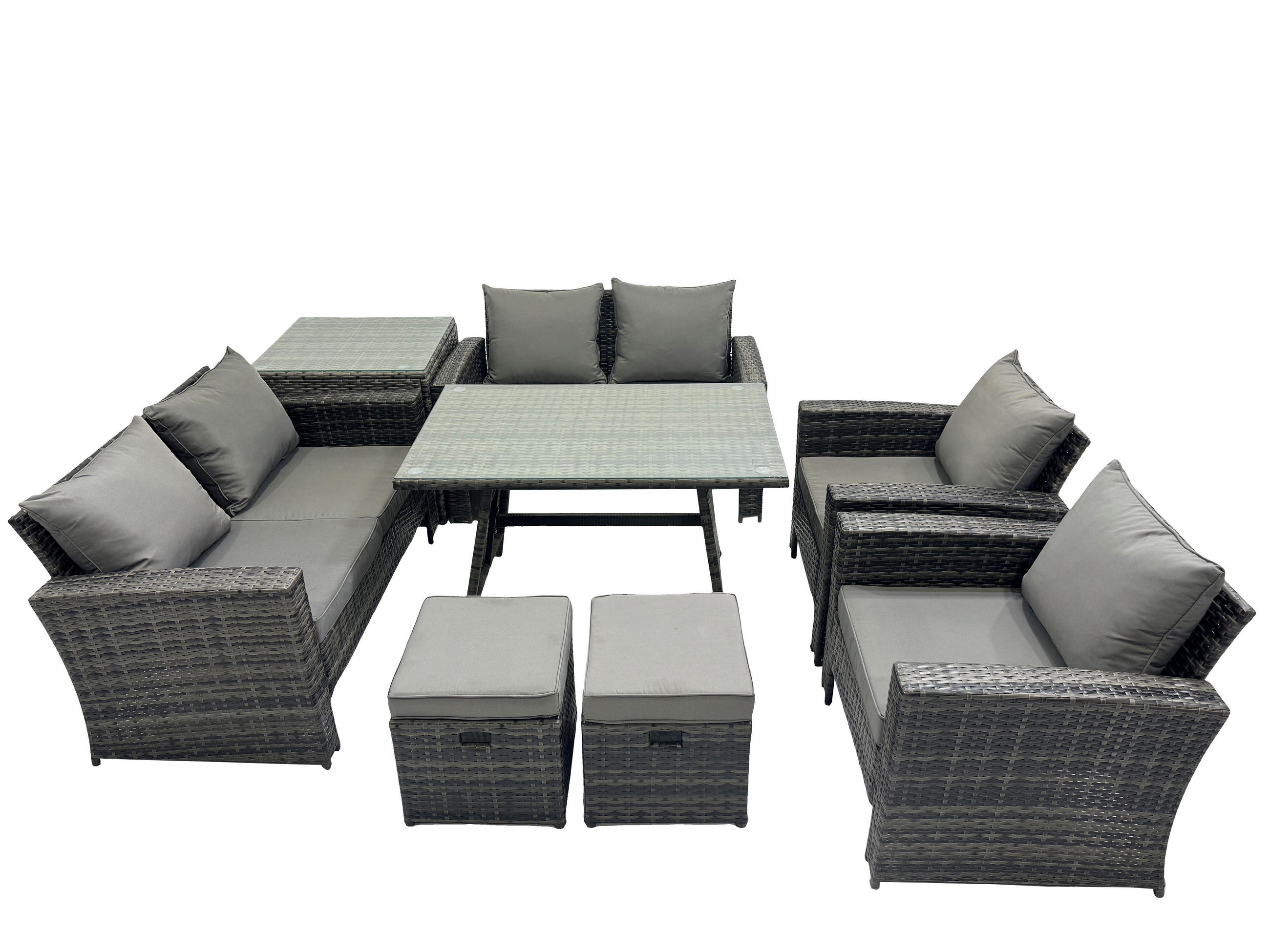 GARTENMÖBELSET mit ESSTISCH,HOCHLEHNER-SOFA Polyrattan Dunkelgrauer Mix 8-Sitzer - Dunkelgrau/Grau, Glas/Kunststoff - Fimous