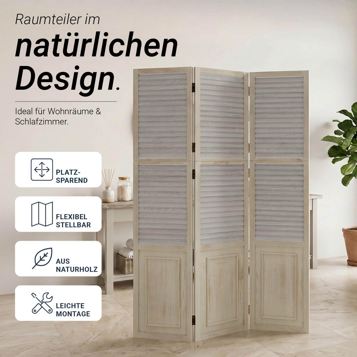 PARAVENT 3-tlg. 120/170 cm Weiß shabby washed - Weiß, Holz (120/170/2cm) - Homestyle4u