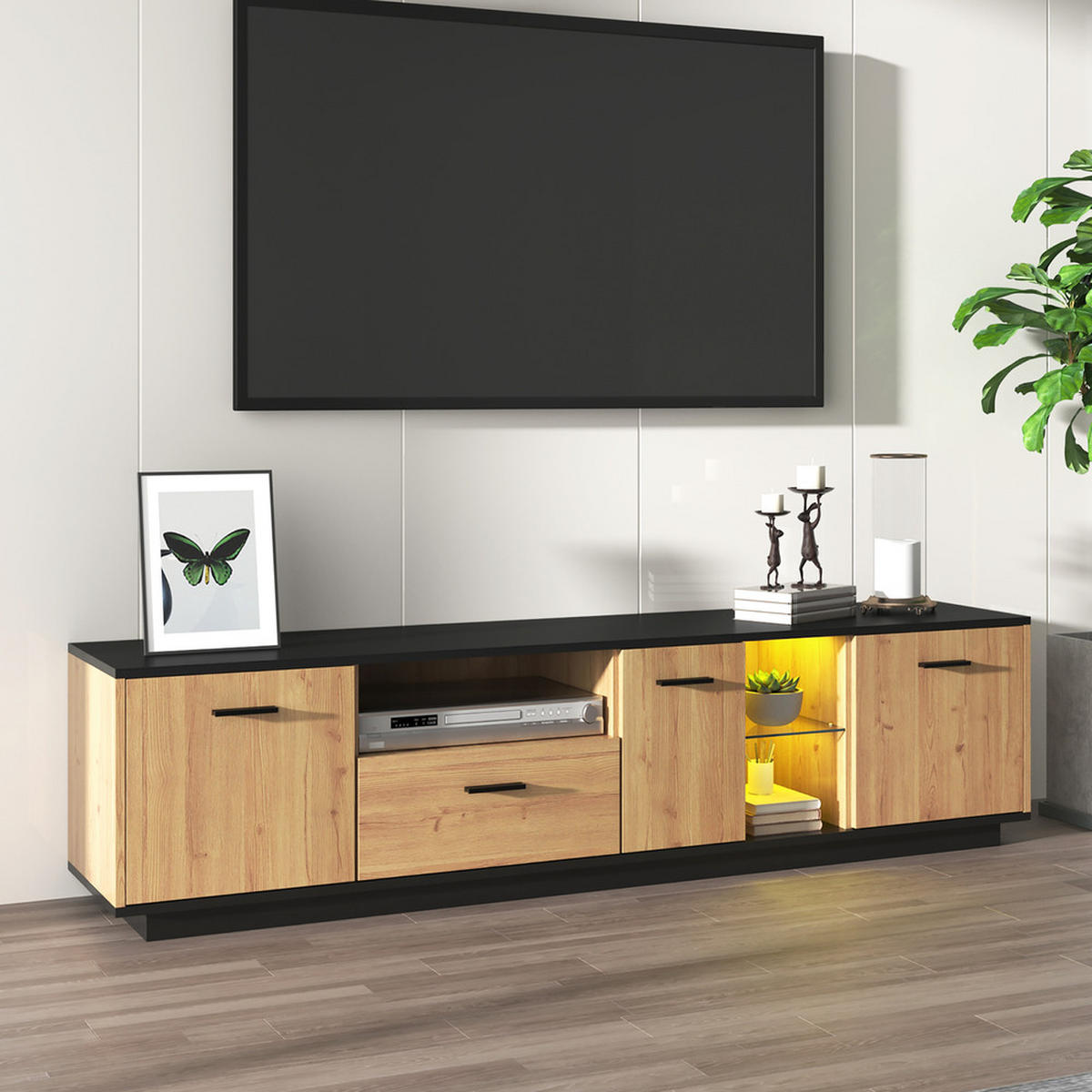 TV-SCHRANK Lowboard 1 Schublade 3 Türen LED-Beleuchtung Schwarz Natur - Schwarz, Holz (43/21/53cm) - FLIEKS