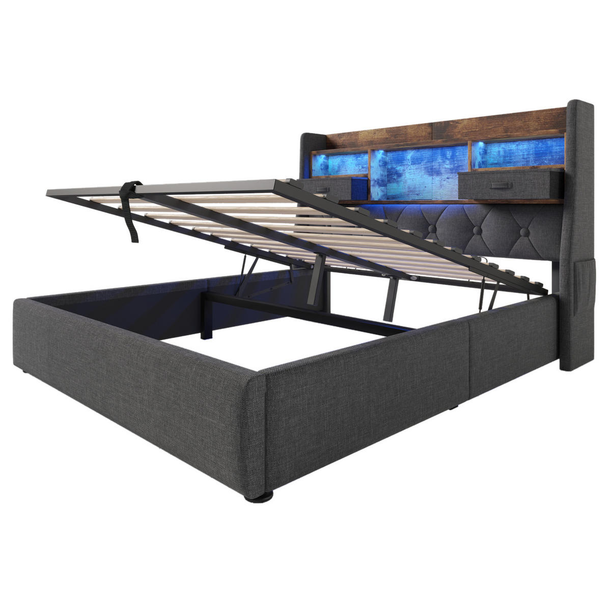 POLSTERBETT aus Leinen 140x200 cm in Grau mit LED & Matratze - Grau, Textil (140/200cm) - Modfu