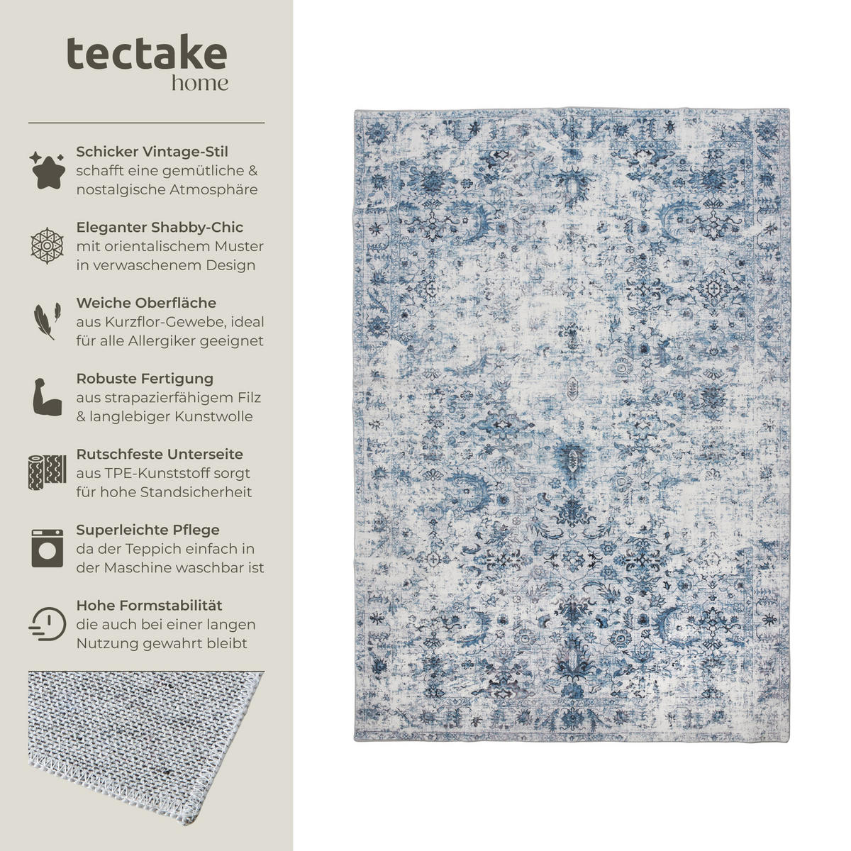 TEPPICH Vintage Design Amara,rutschfeste Unterseite,blau - Blau, Kunststoff (160/230cm) - tectake