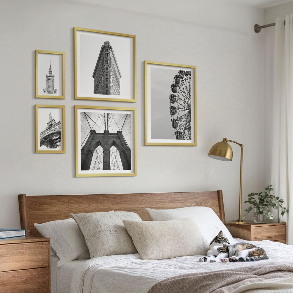 BILDER SET 5er Set - 50x50 cm & 20x30 cm & 40x60 cm Goldrahmen - Architektur Schwarz-Weiß-Minimalismus - Goldfarben, Kunststoff (40/60cm) - TULUP