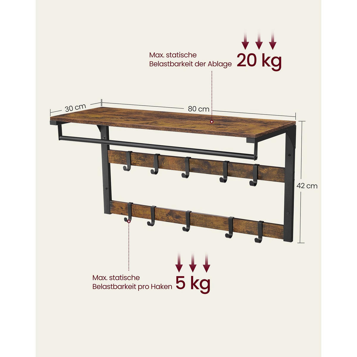 WANDGARDEROBE PORT LOUIS - Braun, Metall (80/42/30cm) - Hansiro