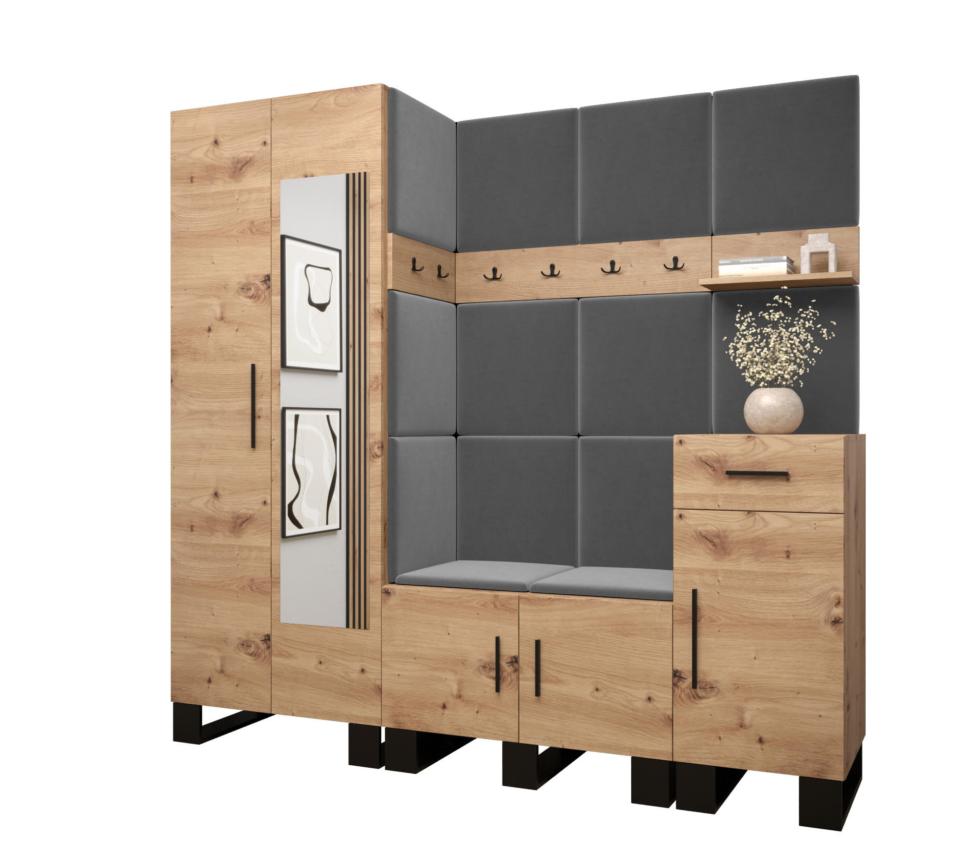 Abiks Möbel Garderoben-Set Eiche Artisan, Grau 200x196x45.6 cm