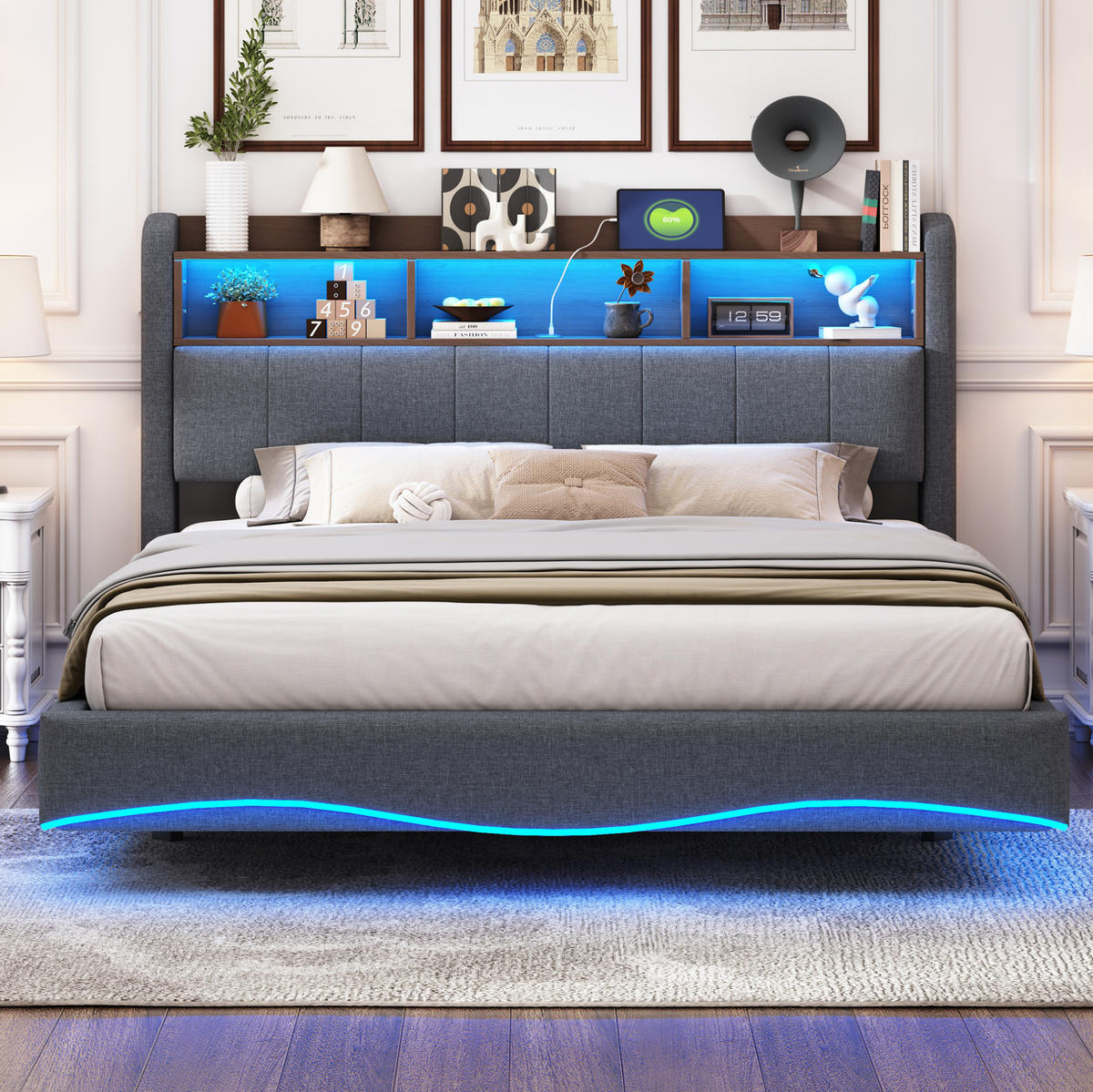 POLSTERBETT mit Stauraum, LED und USB/Type-C 160x200 cm Grau - Grau, Metall (160/200cm) - Meubliv