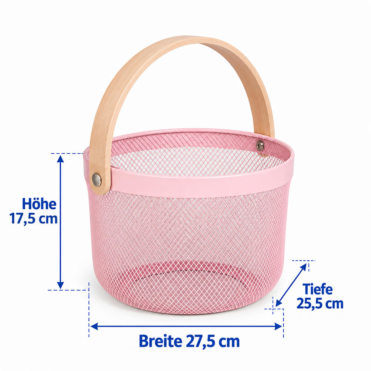 KOŠ Růžový drátěný s dřevěným uchem 27,5 cm - růžová, kov/dřevo (27.5/30/25.5cm) - Relaxdays