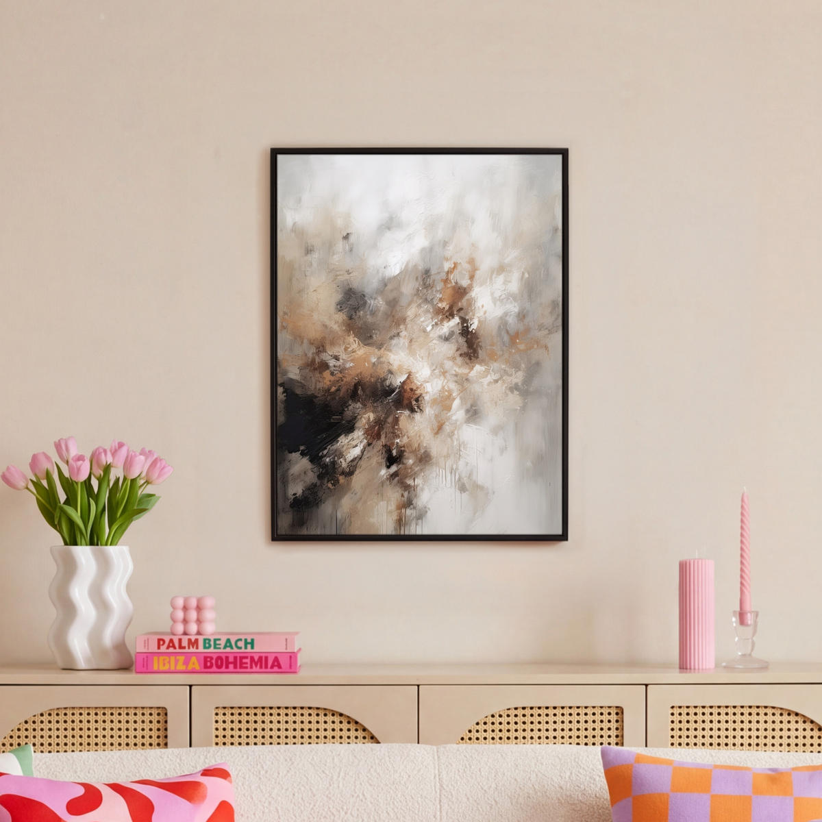LEINWAND Bilder mit Rahmen - Farbe - Abstrakt - Beige - Kunst - 60x80 - Greige, Textil (60/80cm) - MuchoWow