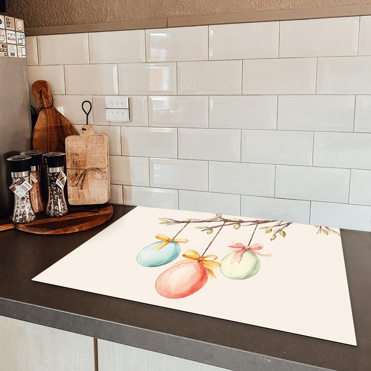 HERDABDECKPLATTE Osterkuchen - Schleife - Eier Induktionsmatte 71x52 cm - Creme, Kunststoff (71/52/0.2cm) - MuchoWow