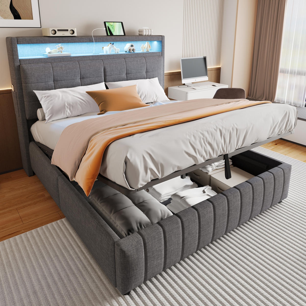 POLSTERBETT 160/200 cm mit LED-Beleuchtung, USB-Anschluss und hydraulischem Stauraum, Leinenbezug, Grau - Grau, Textil (160/200cm) - Redom
